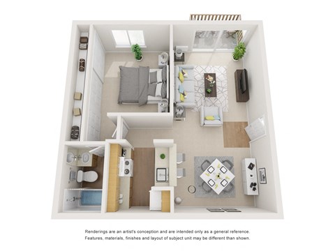 The Geneva Floor Plan; A one bedroom, one bathroom apartment floor plan at Greentree Village Apartments